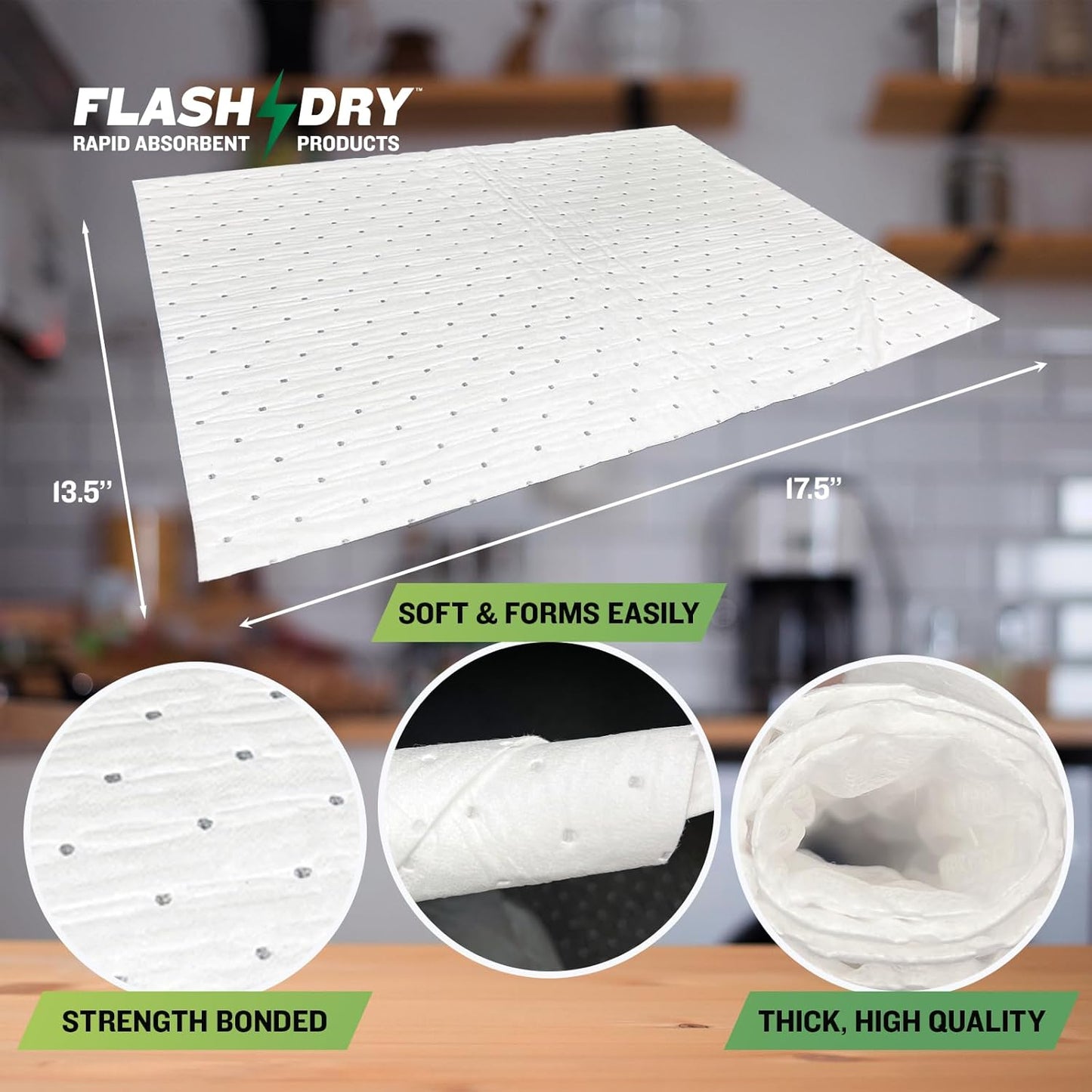 FLASHDRY Marine Oil & Fuel Spill Absorbent Pads - 17.5” x 13.5”, Water Repellent, Effective Spill Control, Marine Protection, High-Performance, Eco-Friendly, Tear Resistant (2)