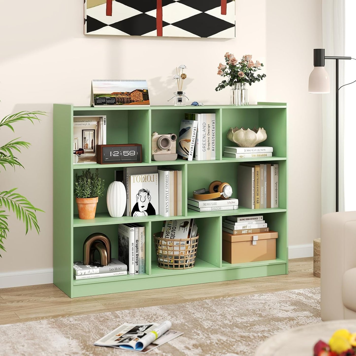 Giantex 8 Cube Bookcase, Freestanding 3-Tier Open Bookshelf, Modern Storage Display Cabinet, Wood Cube Storage Organizer for Living Room, Kid’s Room, Mint Green
