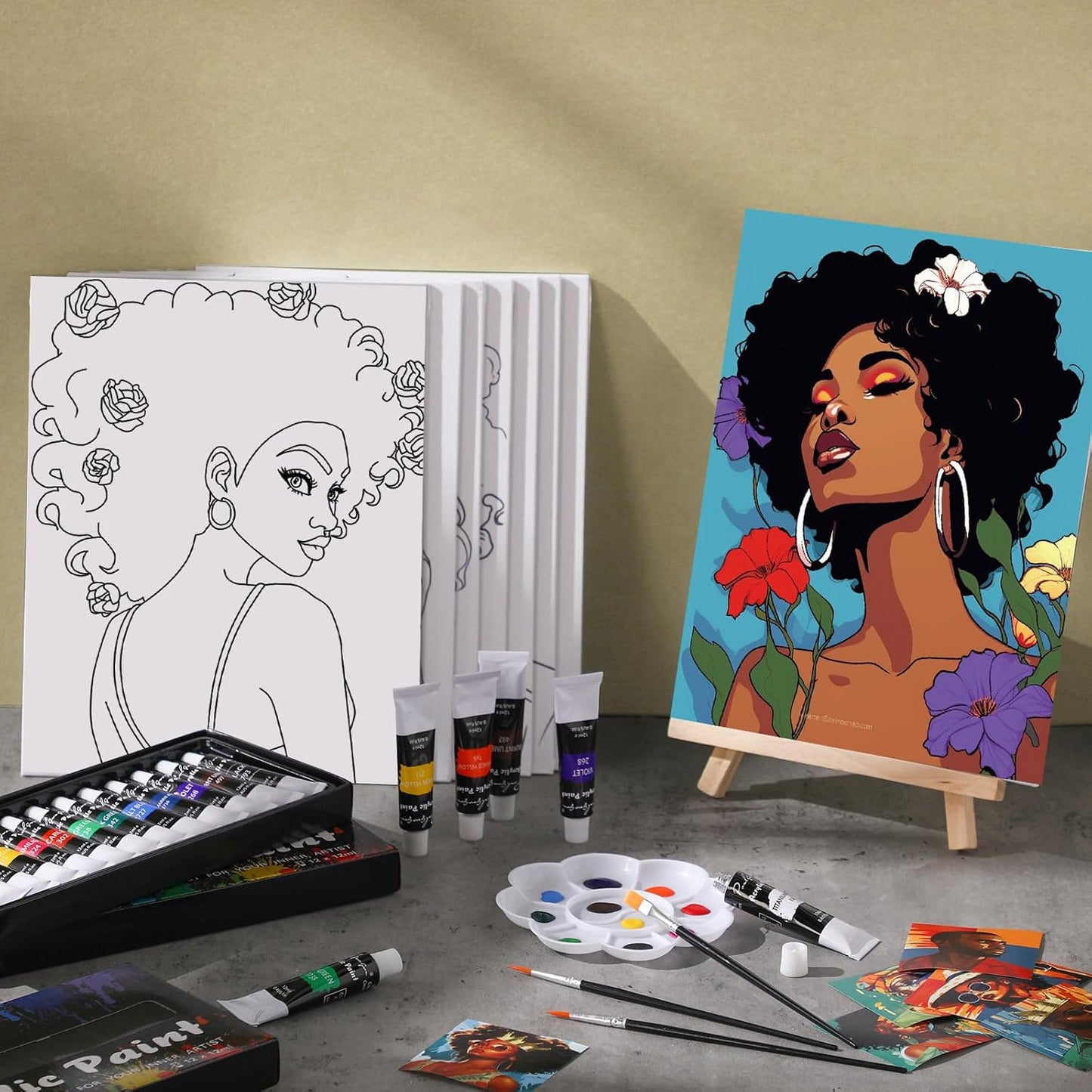 Cholemy 36 Pcs Paint and Sip Kit for Adults 8''x10'' Pre Drawn Canvas for Painting DIY Afro Acrylic Painting Kit Wood Easel Brushes Date Night Bulk for Christmas Party Gifts(Sunshine Lady)