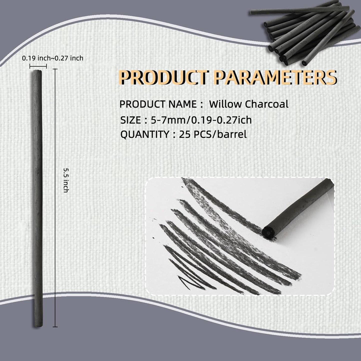 25 PCS Willow Charcoal Sticks, Ideal for Artists, Beginners, Students, Perfect for Sketching, Drawing, Shading, and Fine Art, 5.7 Inches Long, 2-4,4-5,5-7,7-9 (5-7)