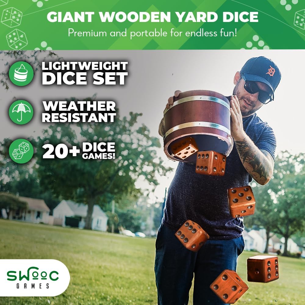 SWOOC Games - Yardzee, Farkle, & 20+ Giant Dice Games (All Weather) with Wood Bucket, 5 Scorecards, & Marker - Yard Dice Outdoor Game for Family - Giant Backyard Game Set - Outside Jumbo Lawn Fun