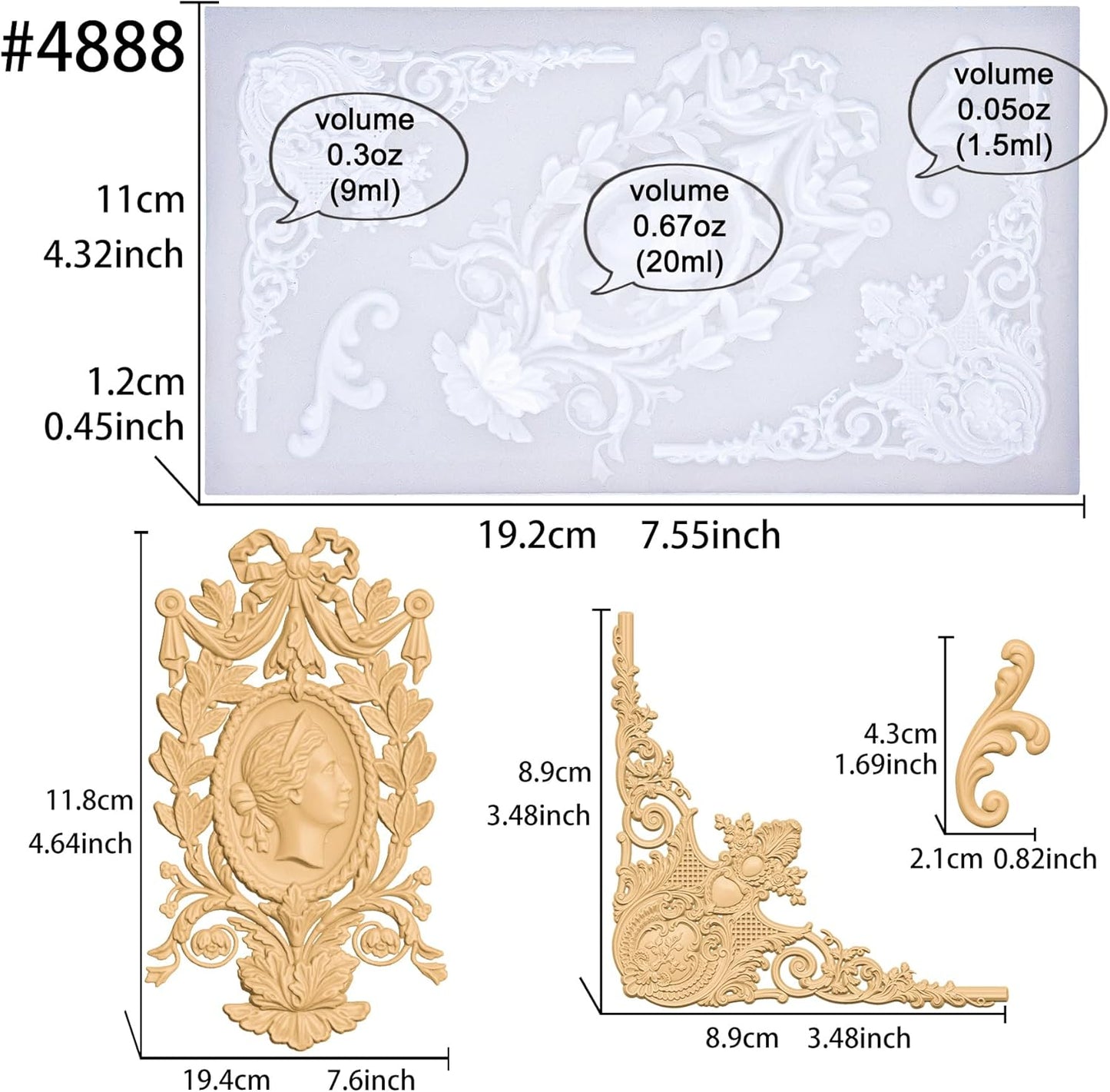 Art Molds for Polyclay Air Dry Clay Plaster Epoxy Resin Fondant Cake Decor Cameo Flourish