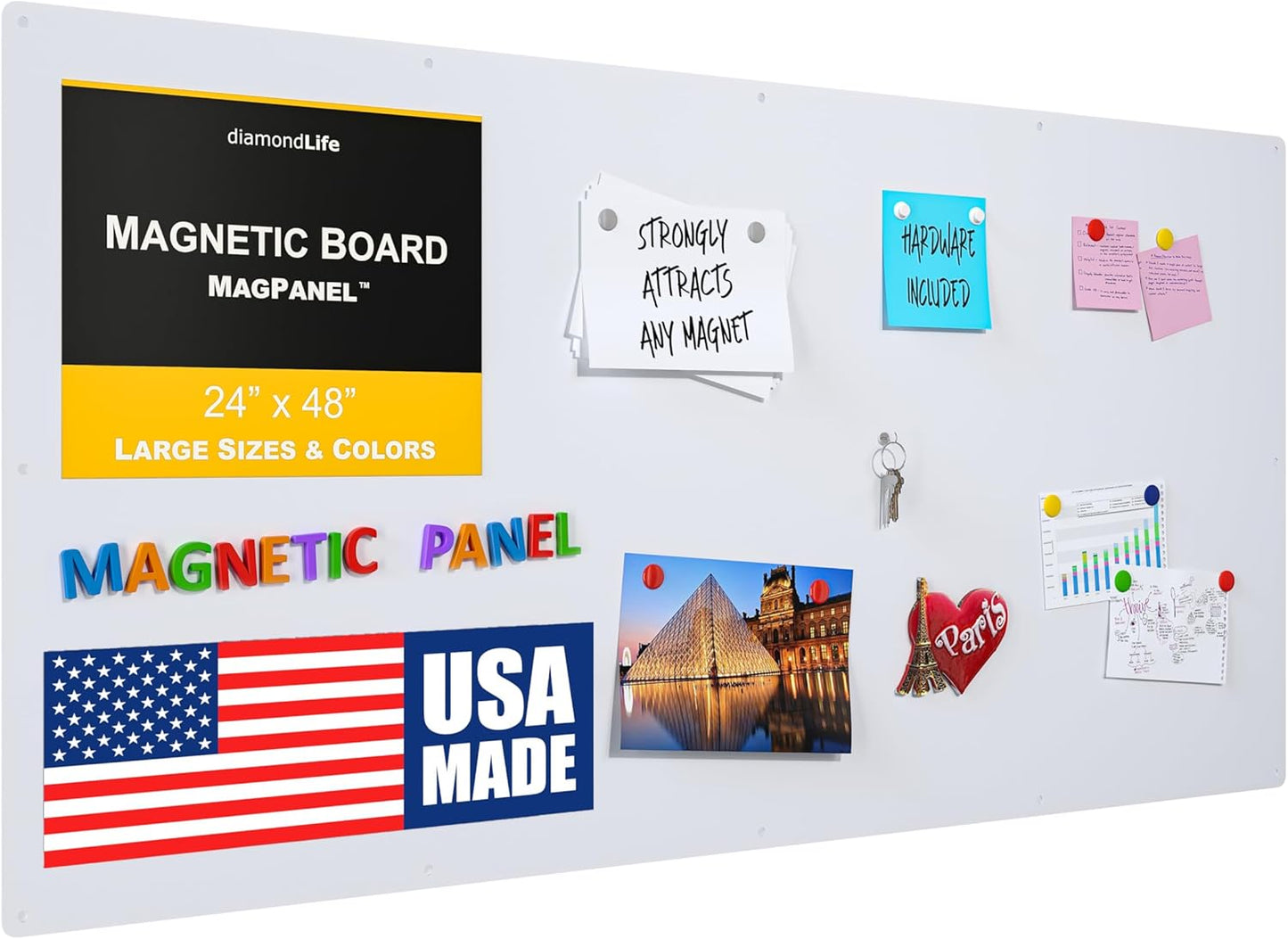 Diamond Life Magnetic Board - Memo & Vision Board for Home, Office, and Classroom - Magnet Board for Kids - Pre-drilled Mounting Screws Included (White 24"x48")