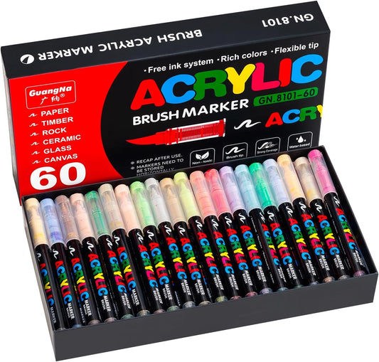 Acrylic Paint Markers Pens, 60 Vivid Colors Acrylic Markers Set,Direct Liquid Type, Stackable Color, Odorless Soft Head，Markers for School，Tooli Art ，Fabric & Creative Crafts (60)