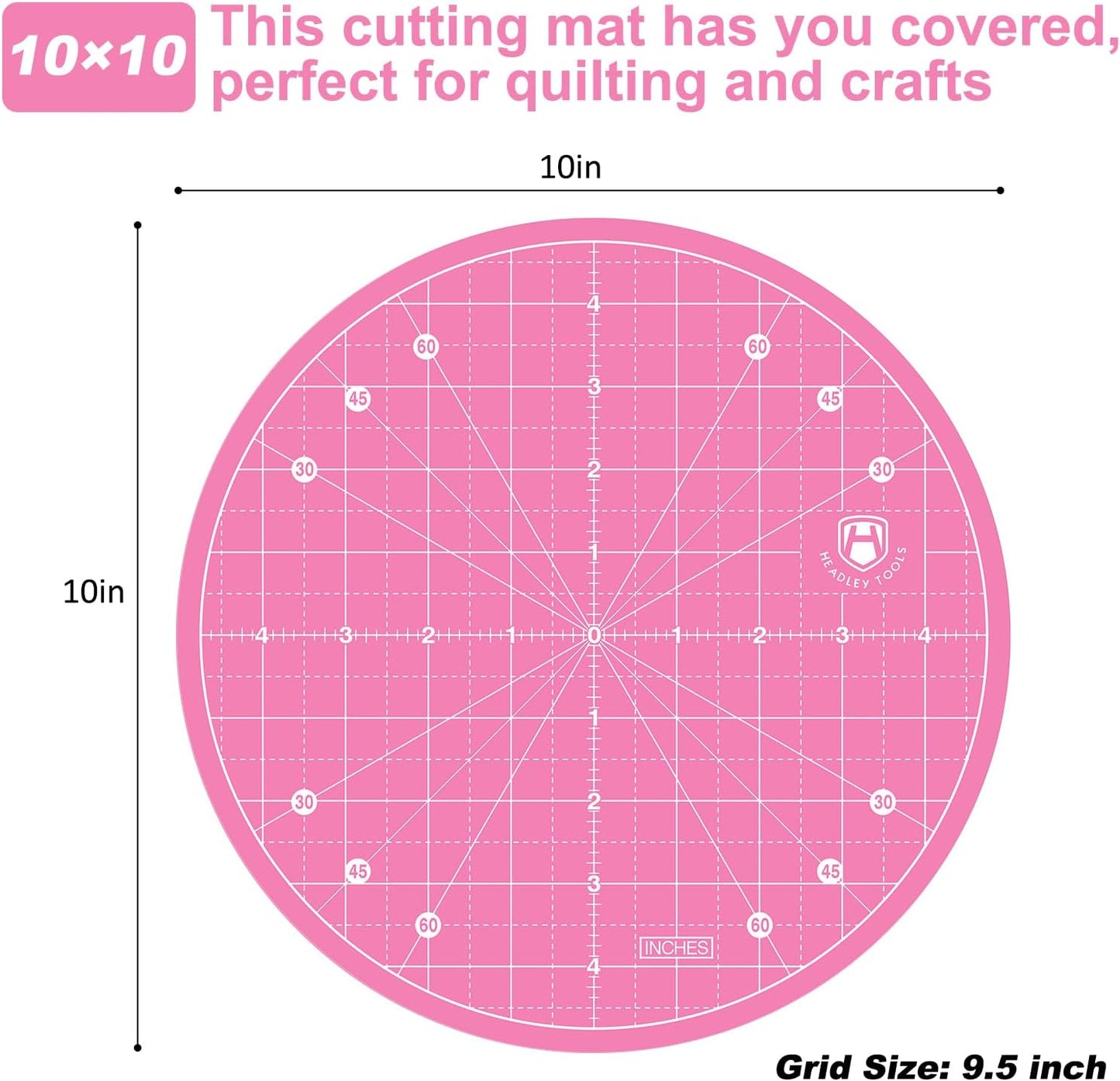 Headley Tools 10"x10" Round Rotating Cutting Mat, Self Healing Mat with 360-Degree Rotation & Anti-Slip Base, Sewing Board Cutting Mat Perfect for Fabric Quilting Leather Hobby Project, Pink
