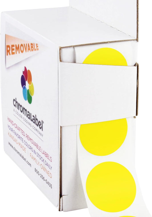 ChromaLabel 1 Inch Circle Labels, Easy to Write On Round Colored Stickers, Removable Sticky Dots - 1000 Dot Labels per Dispenser Box, Yellow Dots
