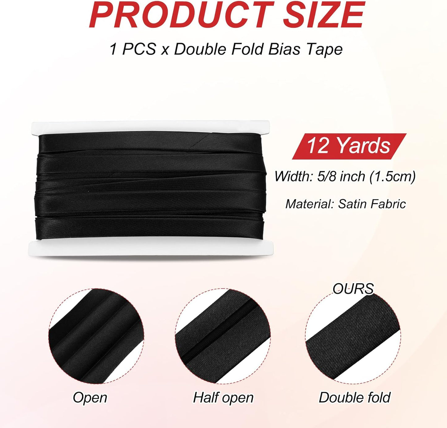MECCANIXITY Double Fold Bias Tape for Sewing 5/8 Inch x 12 Yards Satin Pre-fold Continuous Binding Tape for Seaming Quilting Hemming Binding DIY Crafts, Black
