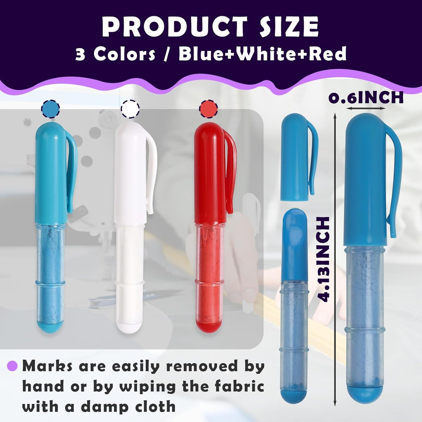 3PCS Sewing Chalk for Fabric, Wipeable and Washable Fabric Chalk for Sewing, Tailors Chalk for Fabric Etailed Marking on Fabrics, Cottons, Leathers - Blue, White, Red