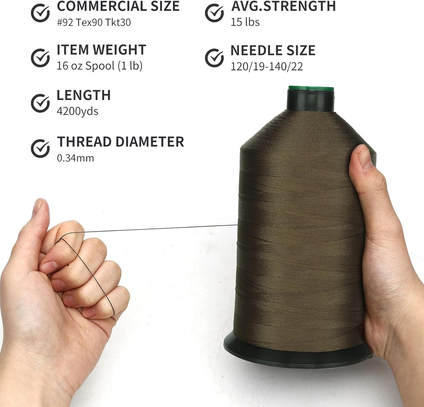 Extra Strong Bonded Nylon Thread #92 Tex90 – 16 OZ, 4200yds, Versatile Stitching Solution for Leather, Upholstery, Canvas Repair and More (Army Green)