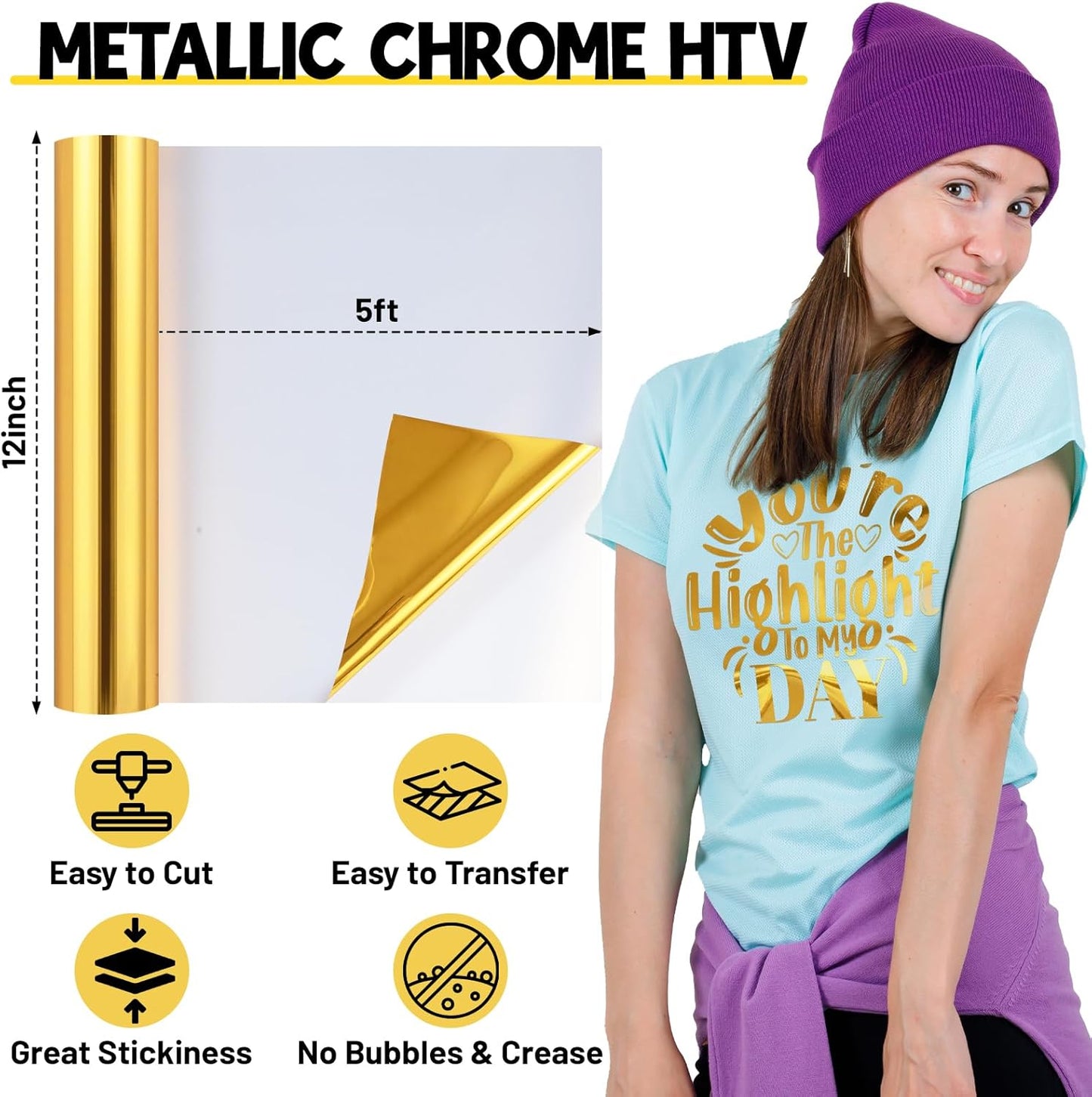 TECKWRAP Gold HTV Heat Transfer Vinyl 12" x 5ft Chrome Gold Vinyl for Craft Cutter, Heat Press Machine Iron On Vinyl for T-Shirts Easy to Cut & Weed