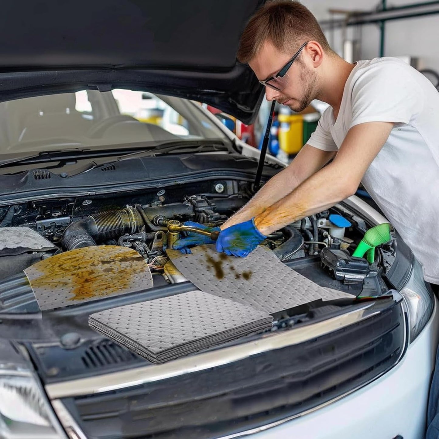 20 * 5 PCS Oil Absorbent Pads with Hanging Hooks - 10"x13" Reusable Liquid Spill Mats for Garage & Workshop - Super Absorbent Leak Control Pads (Grey, Boxed)