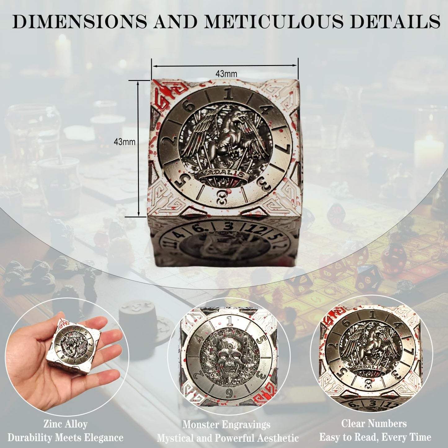 6 Sided Spinner DND Dice - Metal D4 D6 D8 D10 D10% D12 D20 All in One D&D Set - Cool Role Playing Gifts for Dungeons and Dragons TRPG MTG Games Lover Players (6 Sided-Bloodstained)