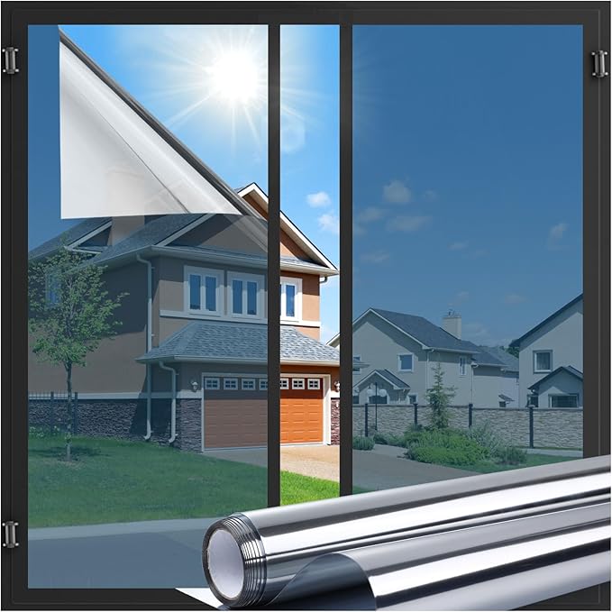 LUTE One Way Window Privacy Film, Window Tint for Home, Sun Blocking UV Heat Blocker, See Out Not in Reflective Mirror Film, Removable Static Cling Glass Door Coverings, Silver, 23.6" x 157.4"