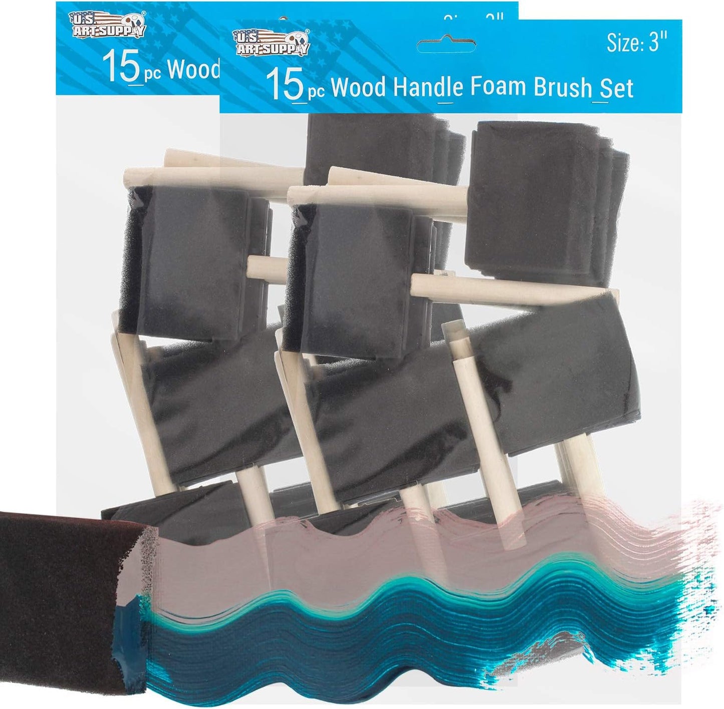 US Art Supply 3 inch Foam Sponge Wood Handle Paint Brush Set (Super Value Pack of 30 Brushes) - Lightweight, Durable and Great for Acrylics, Stains, Varnishes, Crafts, Art