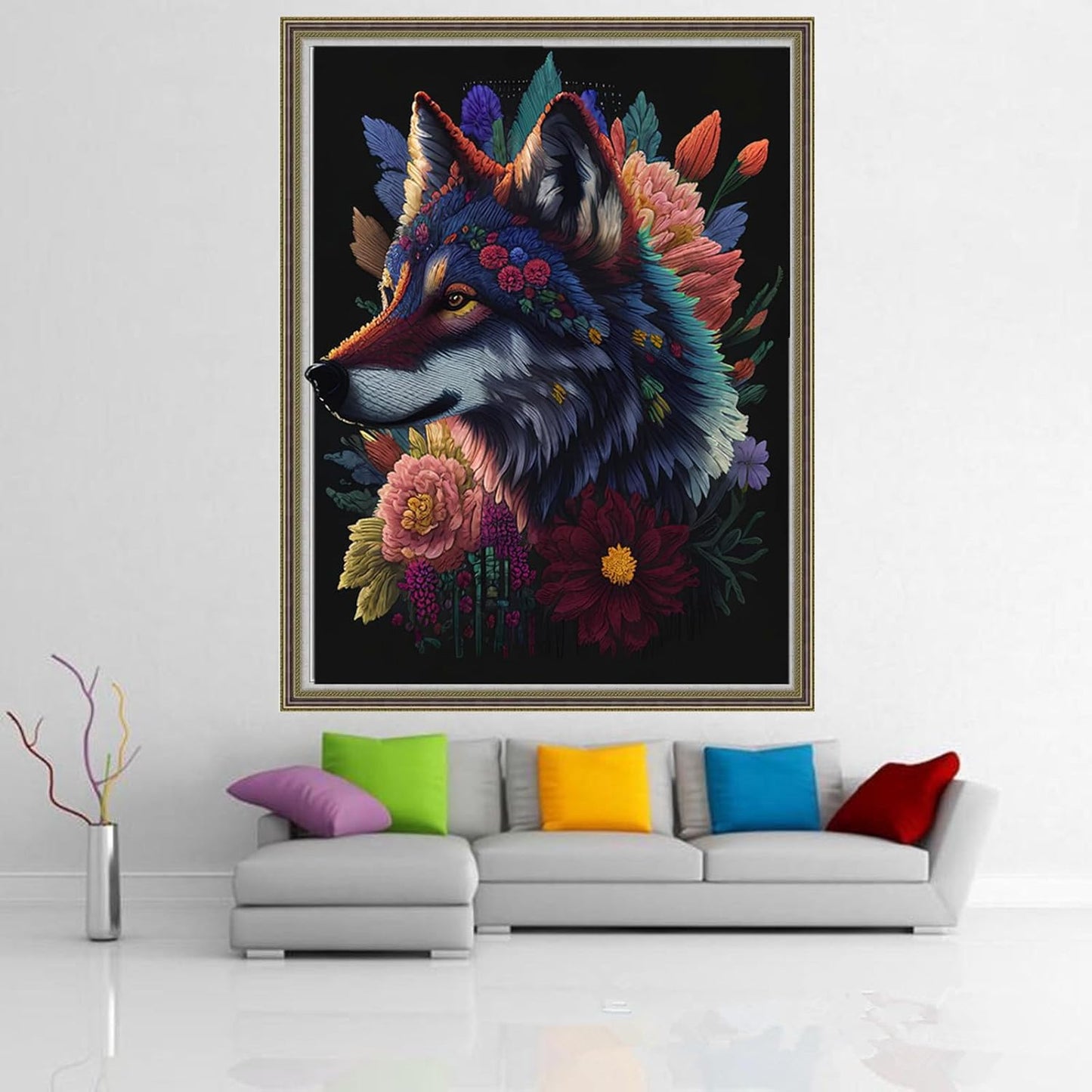 Dimensean Stamped Cross Stitch Kits Full Range of Embroidery Patterns Starter Kits for Beginners Adult or Kids DIY Cross Stitches Needlepoint Kits 11CT-Flower Wolf 15.7x19.7 inch