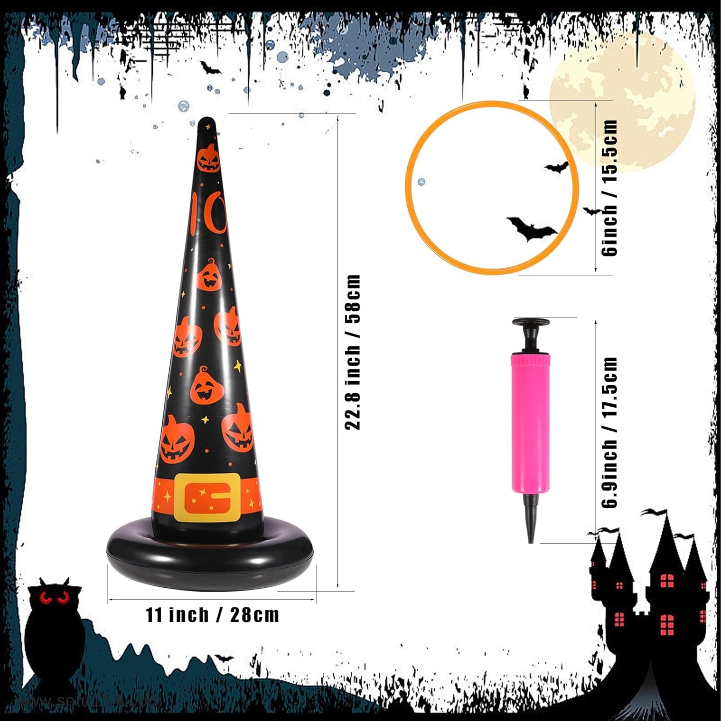 Halloween Ring Toss Game Set, 5Pcs Inflatable Witch Hats with 10Pcs Colorful Plastic Rings and Air Pump for Halloween Party Games Super Fun Indoor Outdoor Party Supplies