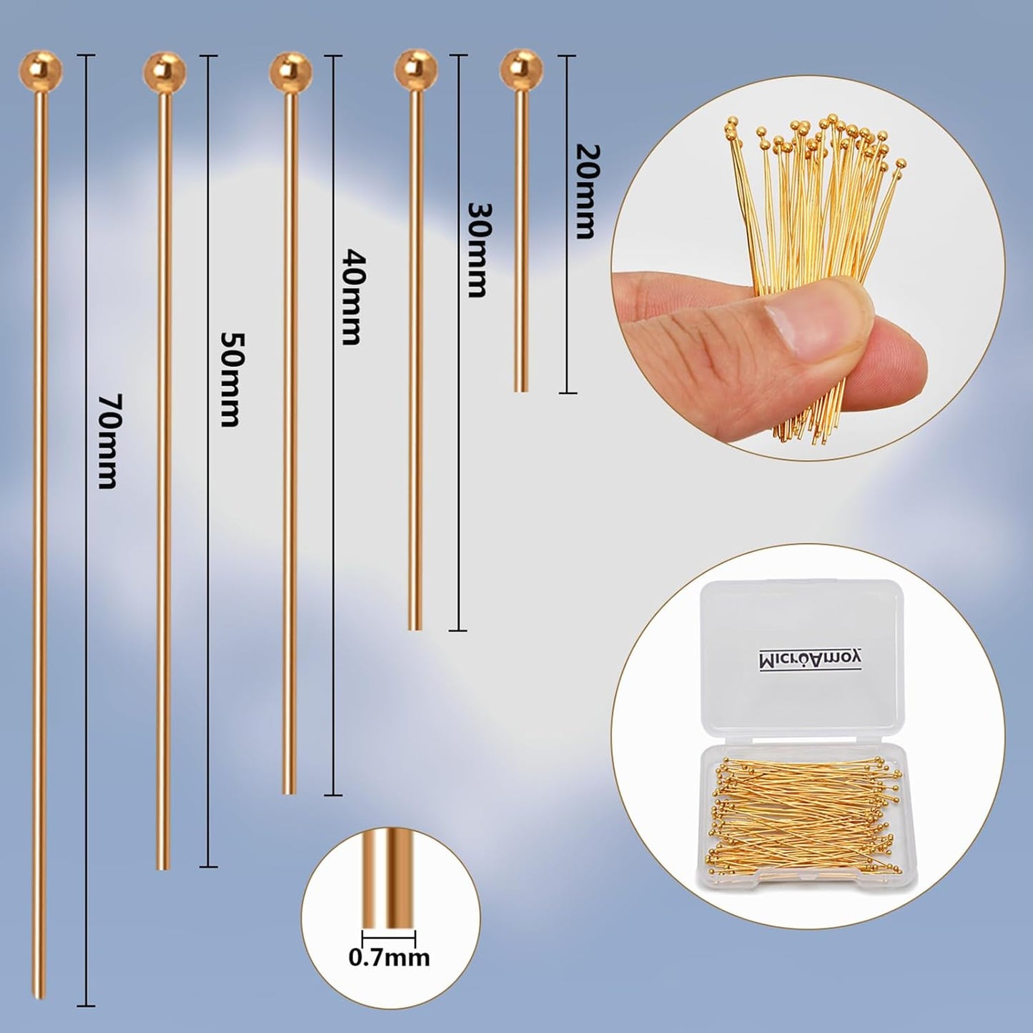 260pcs 18K Gold Filled Ball Pins Non Tarnish Craft Earring Bracelet Jewelry Making Accessories Supplies (20mm (0.78in）, Gold-Ball Pin)