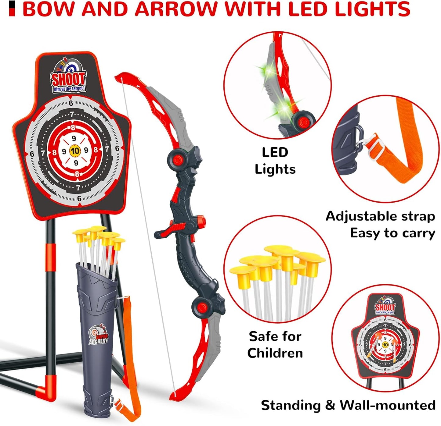 GMAOPHY 2 Pack Bow and Arrow Toy for 5 6 7 8 9 10 11 12 Year Old Boys, Birthday for Kids, Indoor Outdoor Sport Games Toys for Ages 4-8 8-12, LED Light Up Archery Set with 20 Toy Arrows (Red)