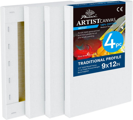 PHOENIX 9x12 Inch 4 Pack Artist Canvas - Stretched Canvases for Painting - 3/4 Inch Profile, 100% Cotton 11 Oz. Gesso Primed White Blank Professional Canvas Oil & Acrylic Paints