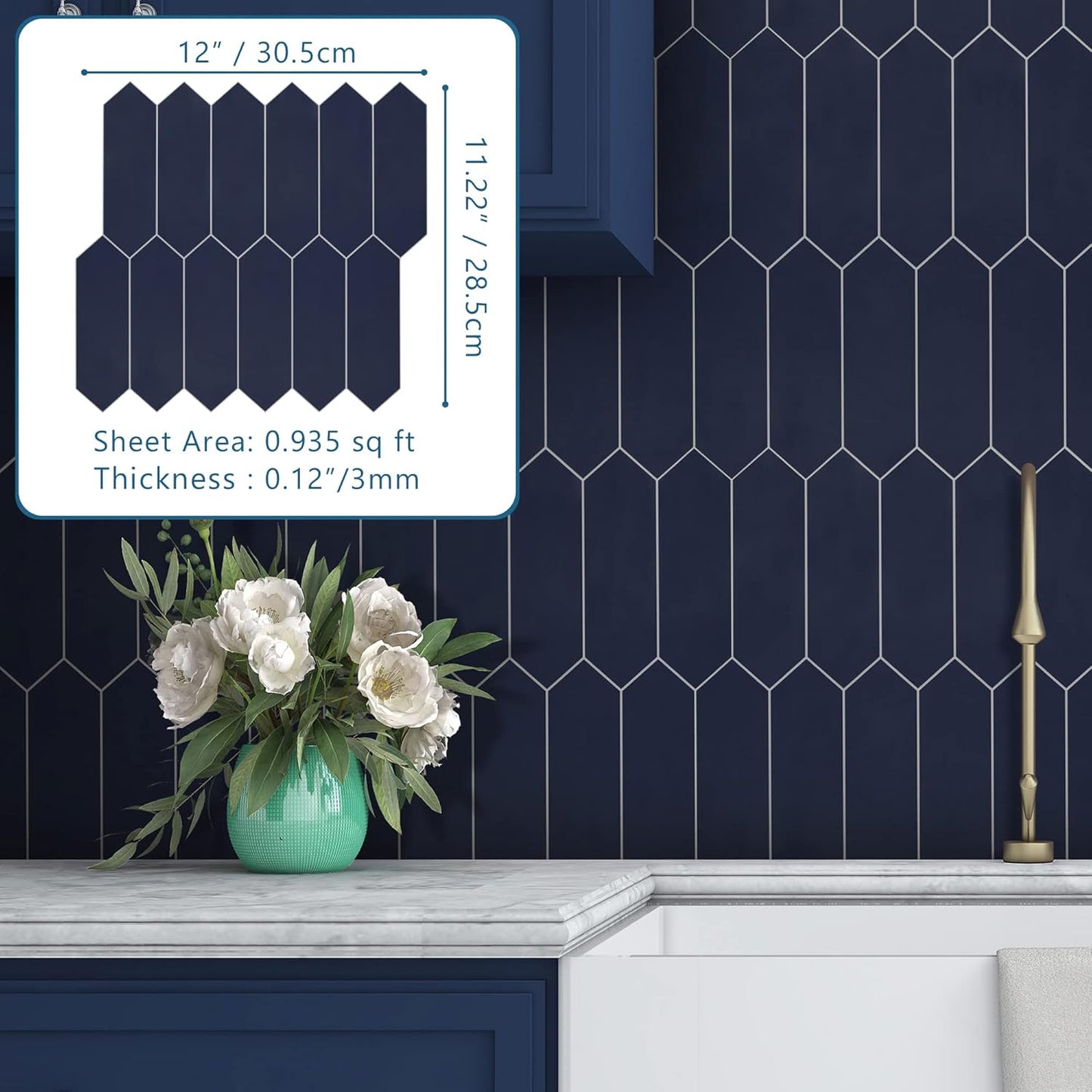 SUNWINGS Backsplash Tile for Kitchen Peel and Stick, Stone Composite Self Adhesive Tiles Long Hexagon Mosaic Wall Tile for Kitchen, 12 Inch x 11.22 Inch 10 Sheets Navy Blue