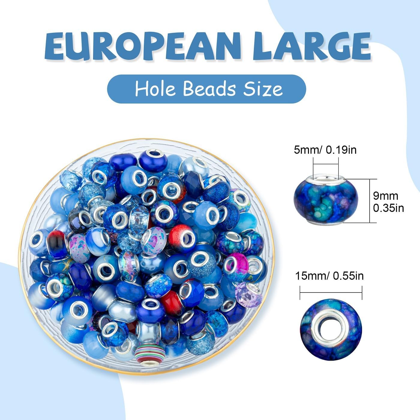 LAIDANLA Blue Mix Large Hole Beads，100pcs 15mm European Large Hole Beads Bulk for Bracelet Pens Jewelry Making Spacer Charms Craft Beads Decoration