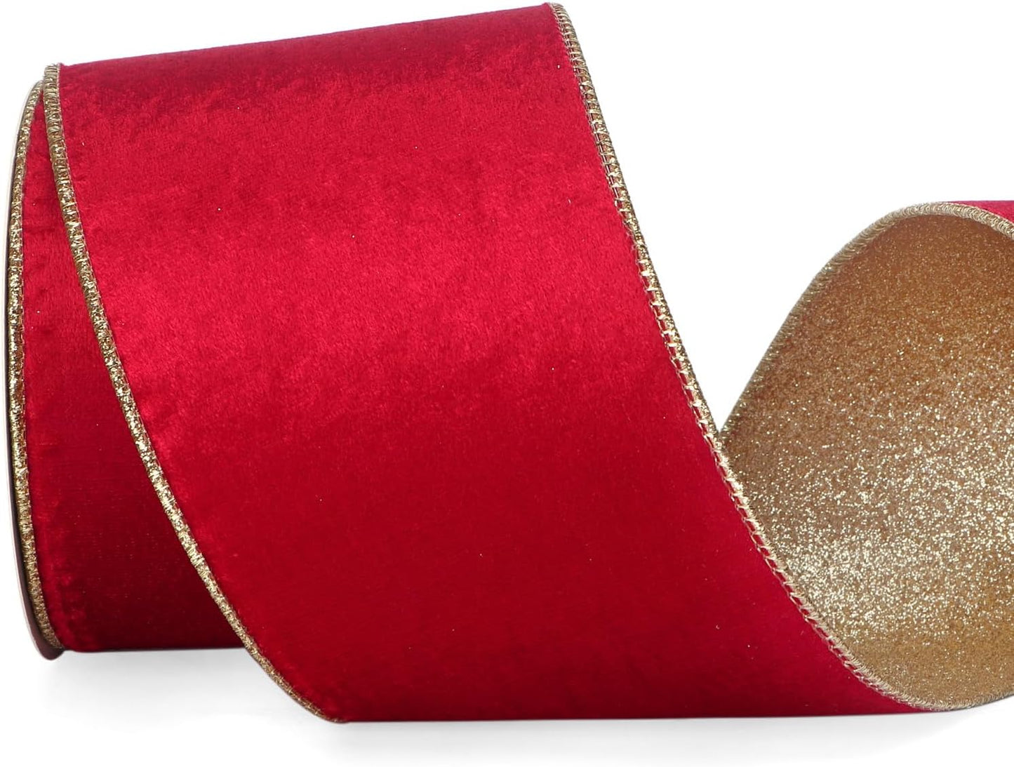Ribbli Red Velvet Wired Ribbon 4 Inch Red Velvet with Gold Glitter Christmas Ribbon for Christmas Tree Decoration Big Bow Gift Wrapping Crafts Wreaths Supplies- 10 Yards