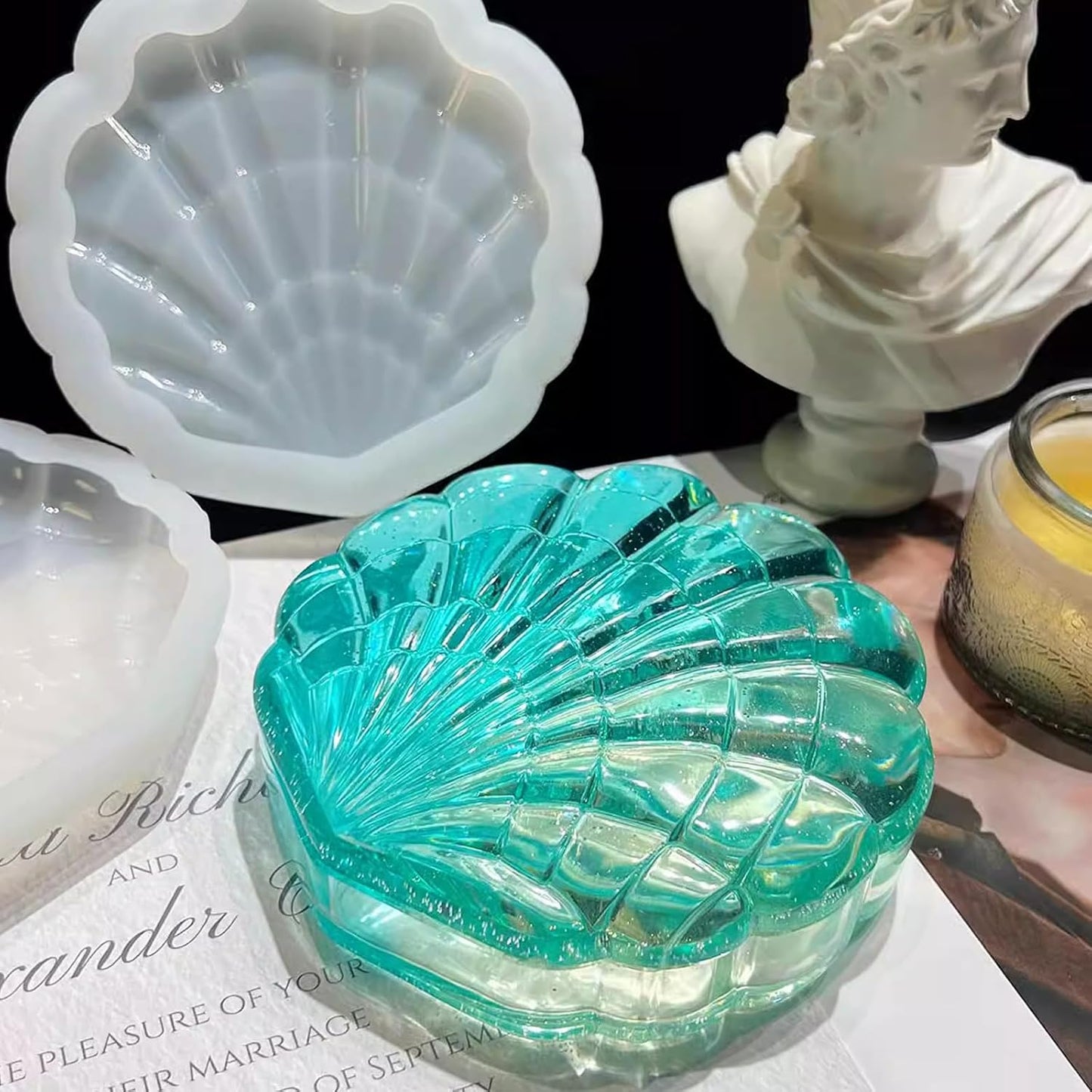 Wehous Seashell Box Resin Molds with Lid, 3D Shell Shape Storage Container Box Silicone Molds for Epoxy Resin Concrete, Marine Jewelry Holder Trinket Organizer Tray Mold DIY Art Casting Craft Decor