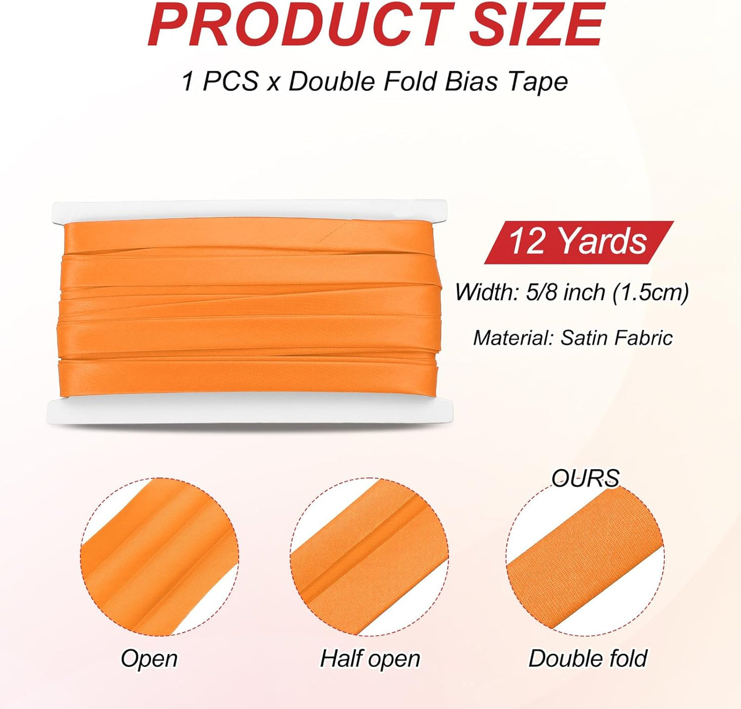 MECCANIXITY Double Fold Bias Tape for Sewing 5/8 Inch x 12 Yards Satin Pre-fold Continuous Binding Tape for Seaming Quilting Hemming Binding DIY Crafts, Orange