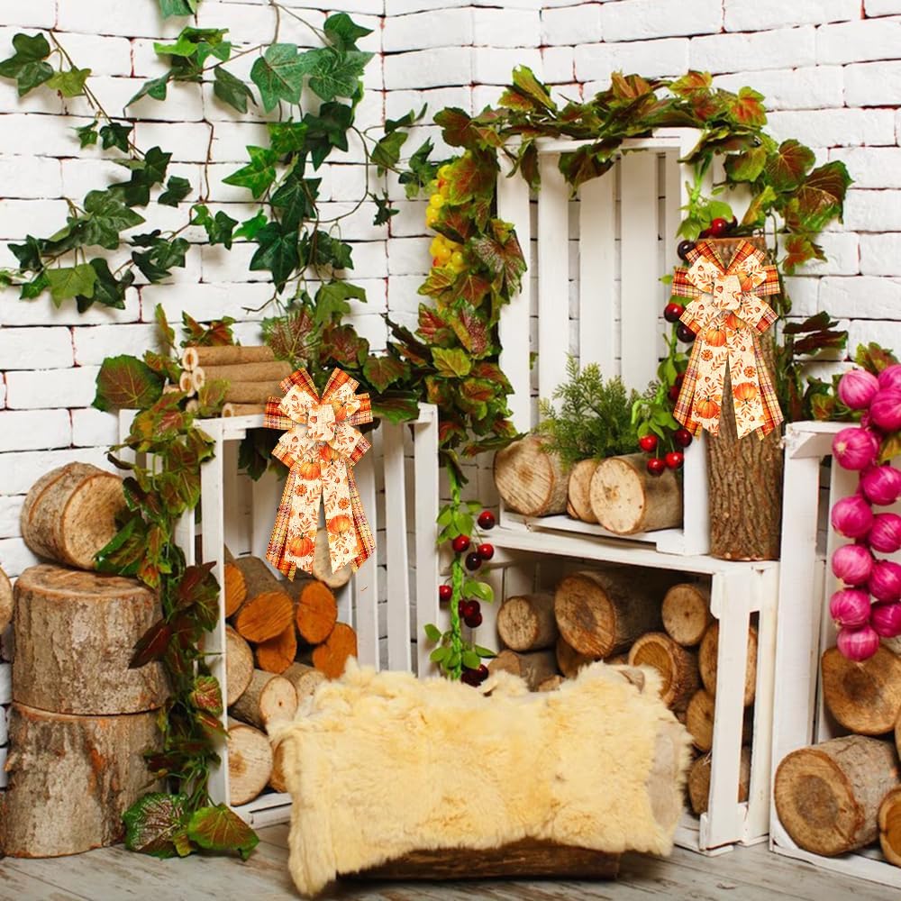 Threetols 2 Rolls 10 Yards Fall Wired Edge Ribbons, 2.5inch Orange Plaid Burlap Ribbons, Autumn Leaves Pumpkin Ribbon for Thanksgiving Party DIY Craft Fall Wreath Bow Decor