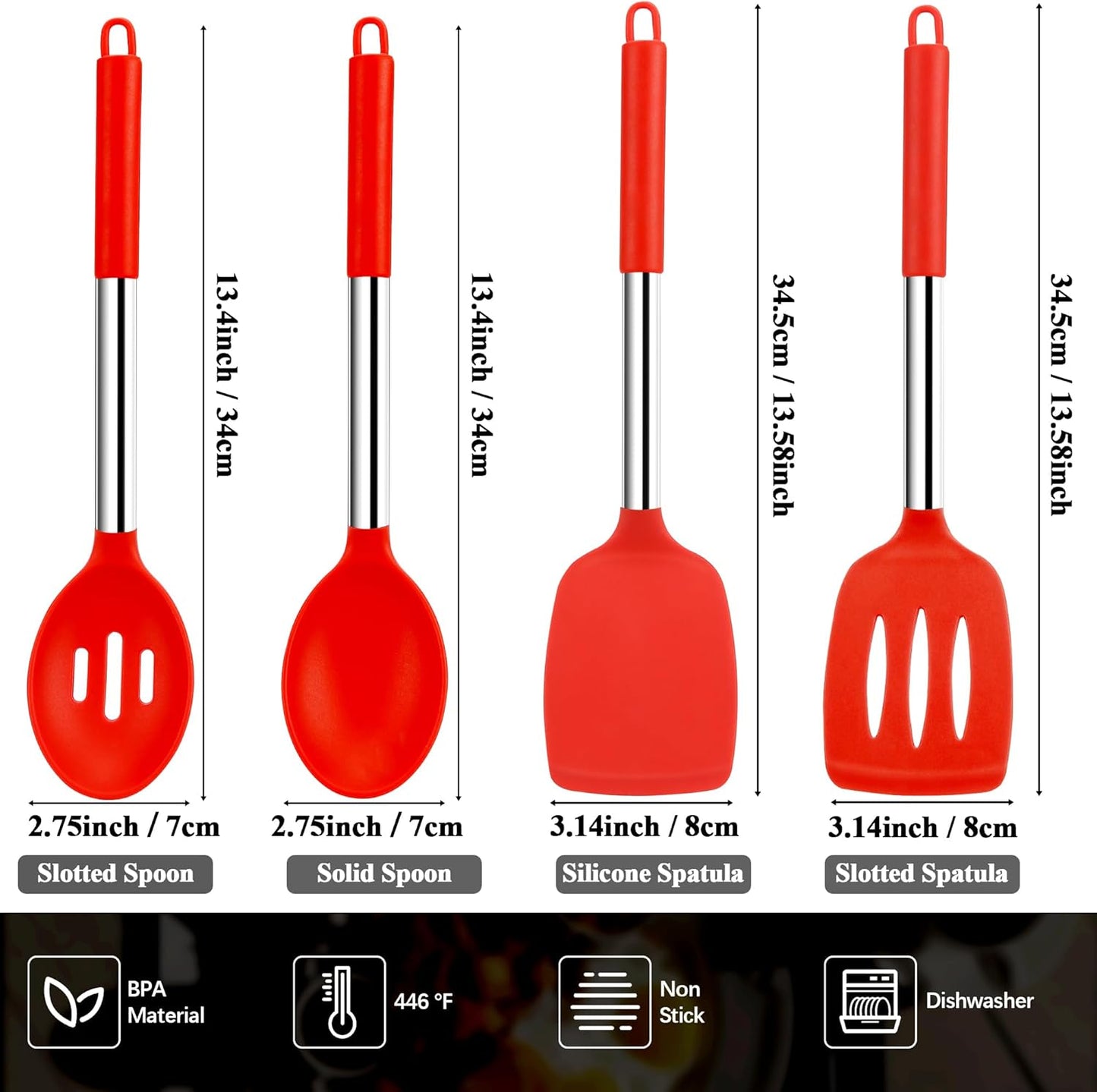 Silicone Spatula Spoon Set, 4 PCS Silicone Cooking Utensils Spatula Spoon Set with Stainless Steel Handle, BPA Free Kitchen Turners for Frying, Mixing, Serving, Draining, Turning, Stirring, Red