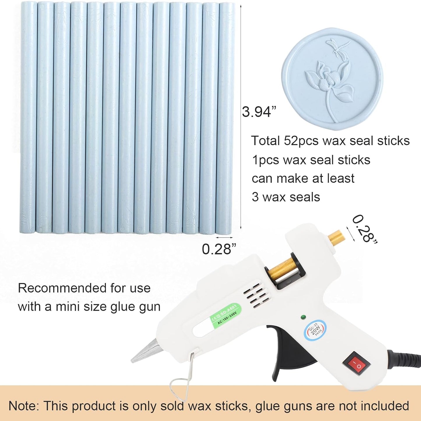 52pcs Pale Blue Sealing Wax Sticks, Andotopee Glue Gun Wax Seal Sticks for Wax Seal Stamp, Premium Sealing Wax for Envelope Letter Seal Wedding Invation Craft Adhesive, Great Gift Ideas (Mini Size)