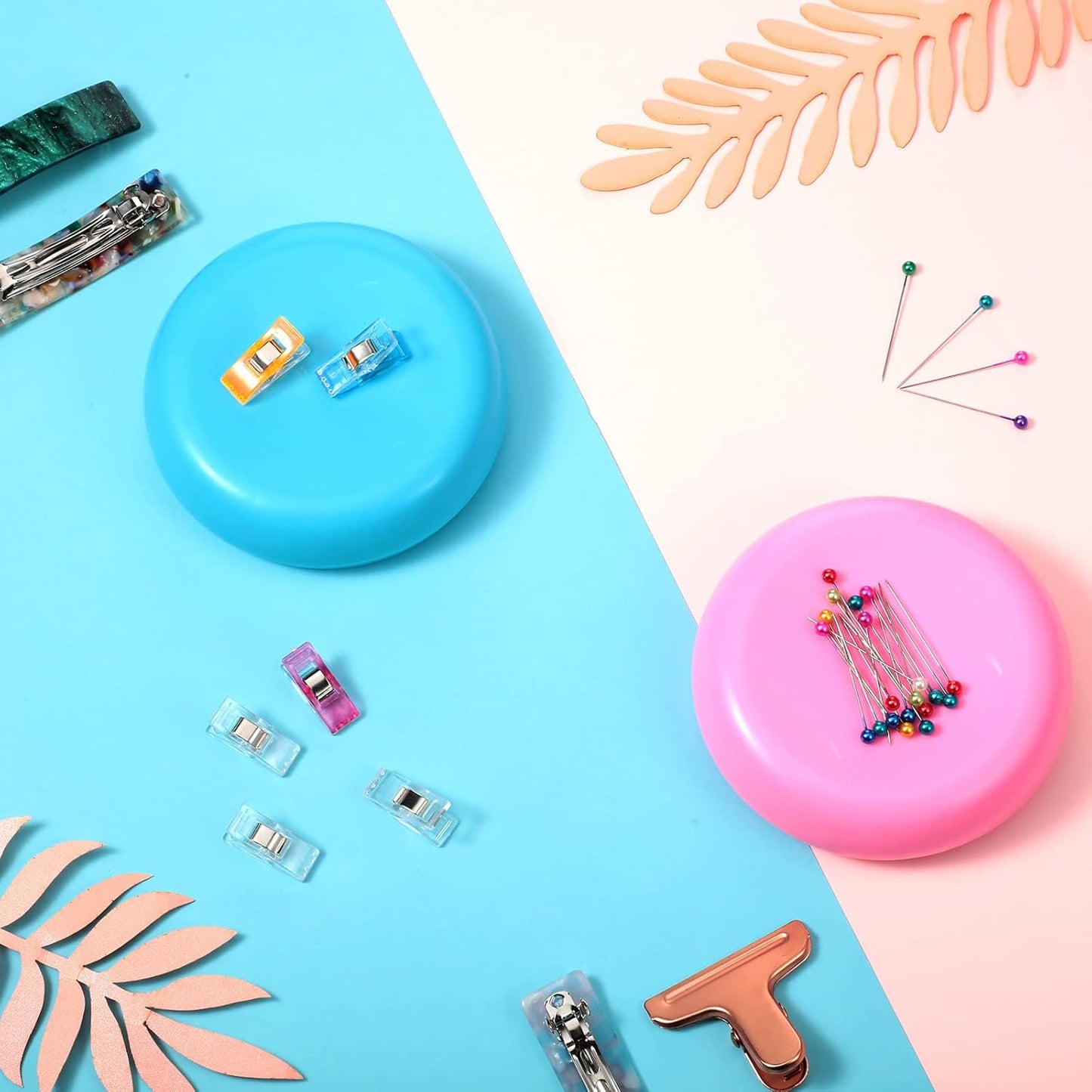 Waydress 2 Pieces Magnetic Pin Holder Sewing Pincushion Round Paper Clip Holder Magnetic Cushion Sewing Pin Push Hairclip Storage Case Needle Cushion for Sewing DIY Project(Blue, Pink)