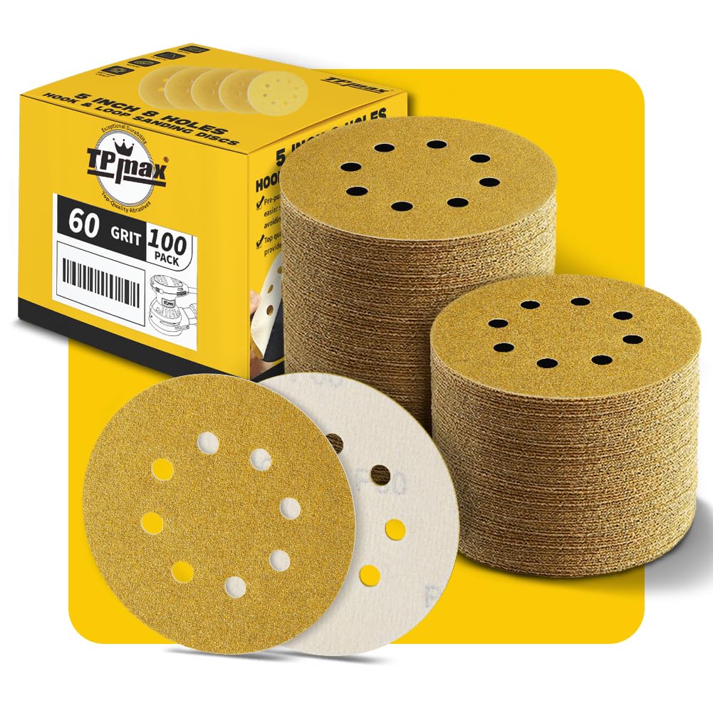100PCS 5 Inch 60 Grit 125mm 8 Hole Sanding Discs Sandpaper - Premium Gold Round Hook and Loop for Random Orbital Sander - Ideal for Wood, Metal, Automotive