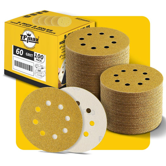 100PCS 5 Inch 60 Grit 125mm 8 Hole Sanding Discs Sandpaper - Premium Gold Round Hook and Loop for Random Orbital Sander - Ideal for Wood, Metal, Automotive