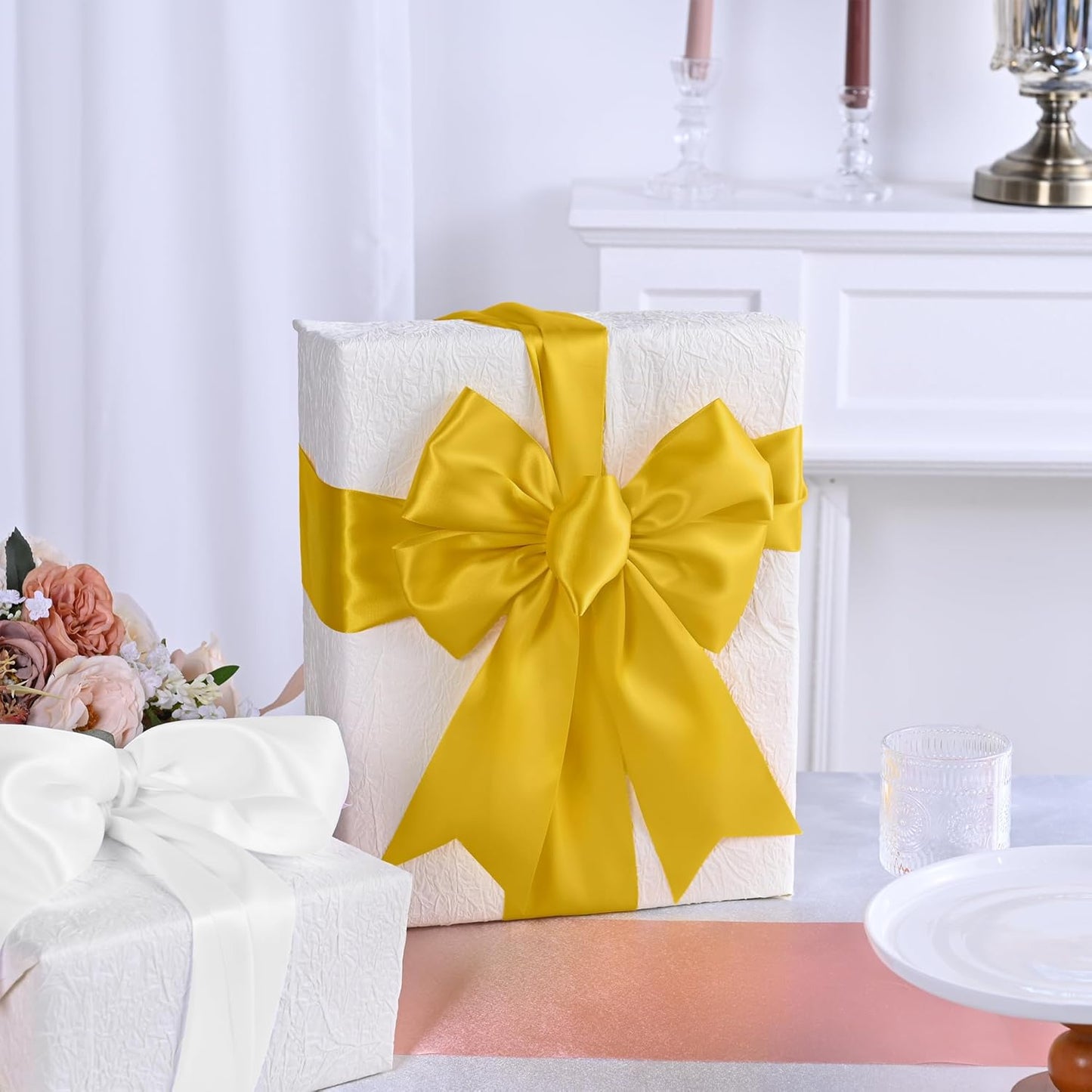 Yellow Gold Satin Ribbon 3 Inch X 15 Yards Solid Color Double Faced Ribbons Perfect for Crafts Wedding Decor Bow Making Arts Sewing and More