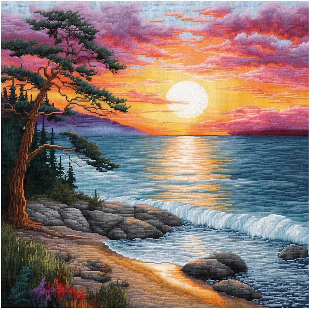 51buyoutgo 11CT Stamped Cross Stitch Kits for Adults - 16x16 in Beginner Embroidery Kit with Easy Funny Washable Seaside Landscape Pattern, Pre Printed Fabric for DIY Home Decor, Gifts, Stress Relief