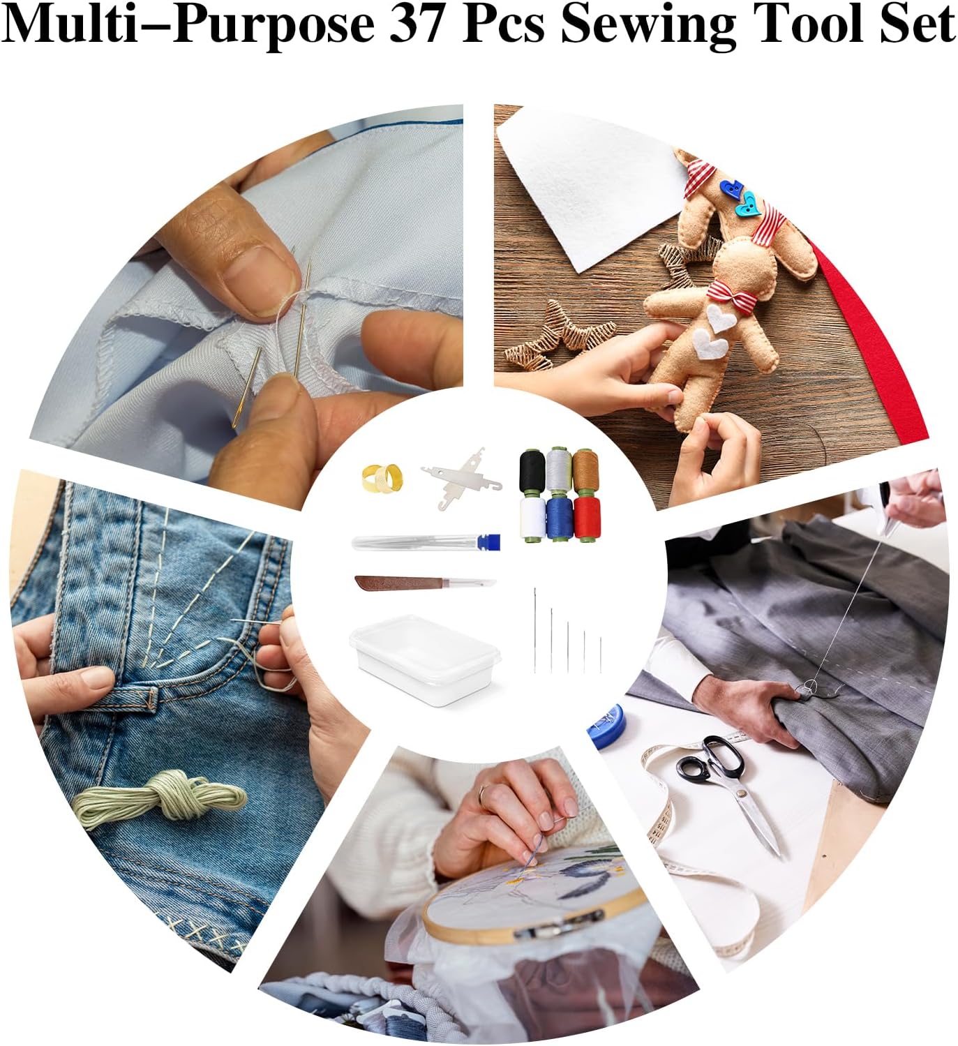 Big Eye Steel Sewing Needles Kit,37PCS Sewing Tool Set-Steel Needles,Thread Ripper,Thimble,Threaders and 6 Color Threads,Portable Hand Sewing Kit,for Beginners,Craft DIY Lovers,Daily Use (37 PCS Set)