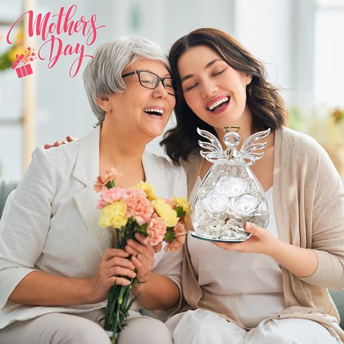 Beferr Valentines Day Rose Gifts for Her Women Mom Gifts for Birthday, Fresh Flowers for Delivery Forever Preserved Rose in Glass Angel Figurine, for Grandma Wife Daughter Girlfriend