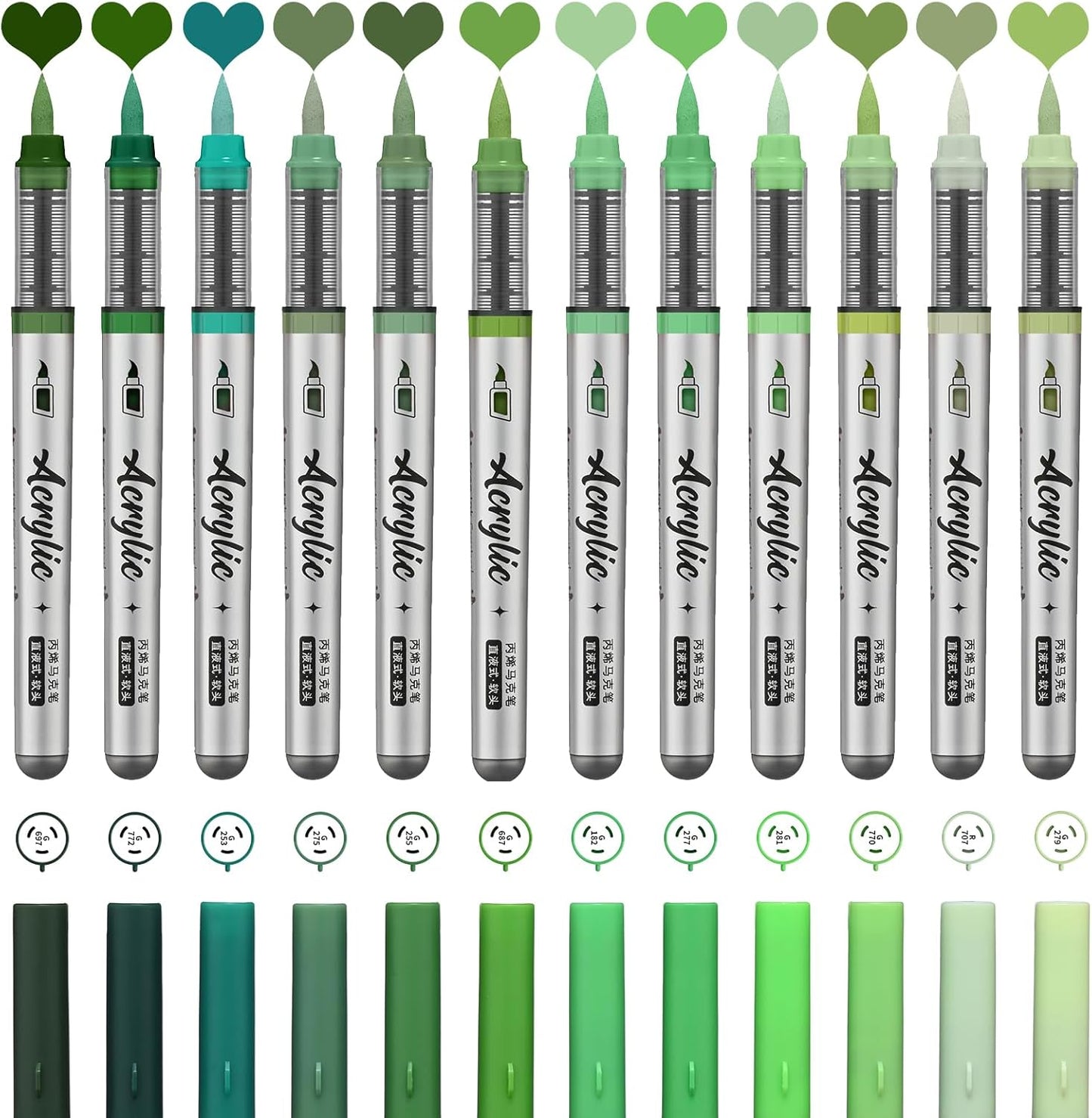 Green Acrylic Paint Pens,12 Color Paint Pens Markers,Brush Tip Paint Pens for Rock Painting Wood Glass Ceramic Canvas Stone DIY Crafts Making Art Supplies