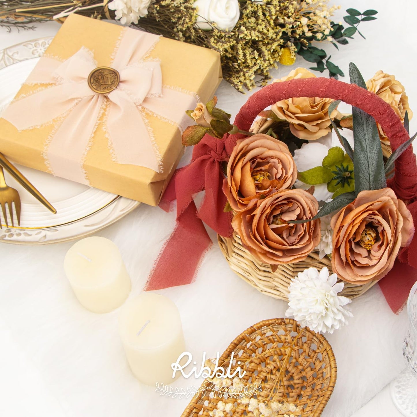 Ribbli Chiffon Silk Ribbon, 1.5 inch x 30 Yard, Champagne/Terracotta/Rust Red Fringe Chiffon Fall Ribbon for Wedding Invitations, Bridal Bouquets Wrapping, Flower Arrangement Decoration