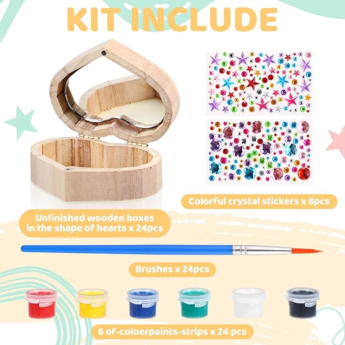 Kigley 24 Set Valentine's Day Gift Unfinished Wooden Box Crafts Heart Treasure Box with Mirror Rhinestones Stickers for DIY Jewelry Keepsake Storage Art Crafts Paint Party Favor Suitable for 15+