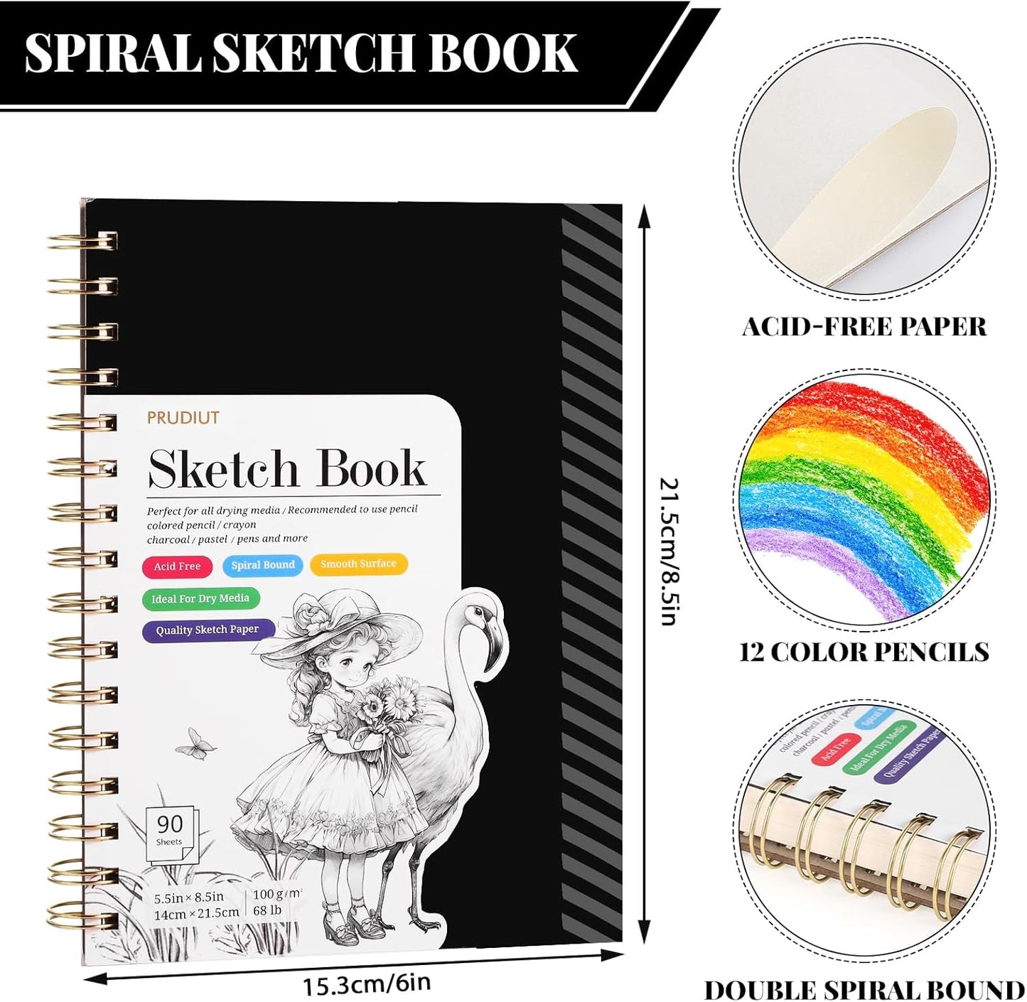 Sketch Book with 12 Color Pencil Set, 90 Sheets Spiral Sketchbook for Drawing (68lb/100gsm), Acid-Free Sketch Pad for Kids Artist, Art Paper Drawing Supplies for Gifts (5.5×8.5 inch)