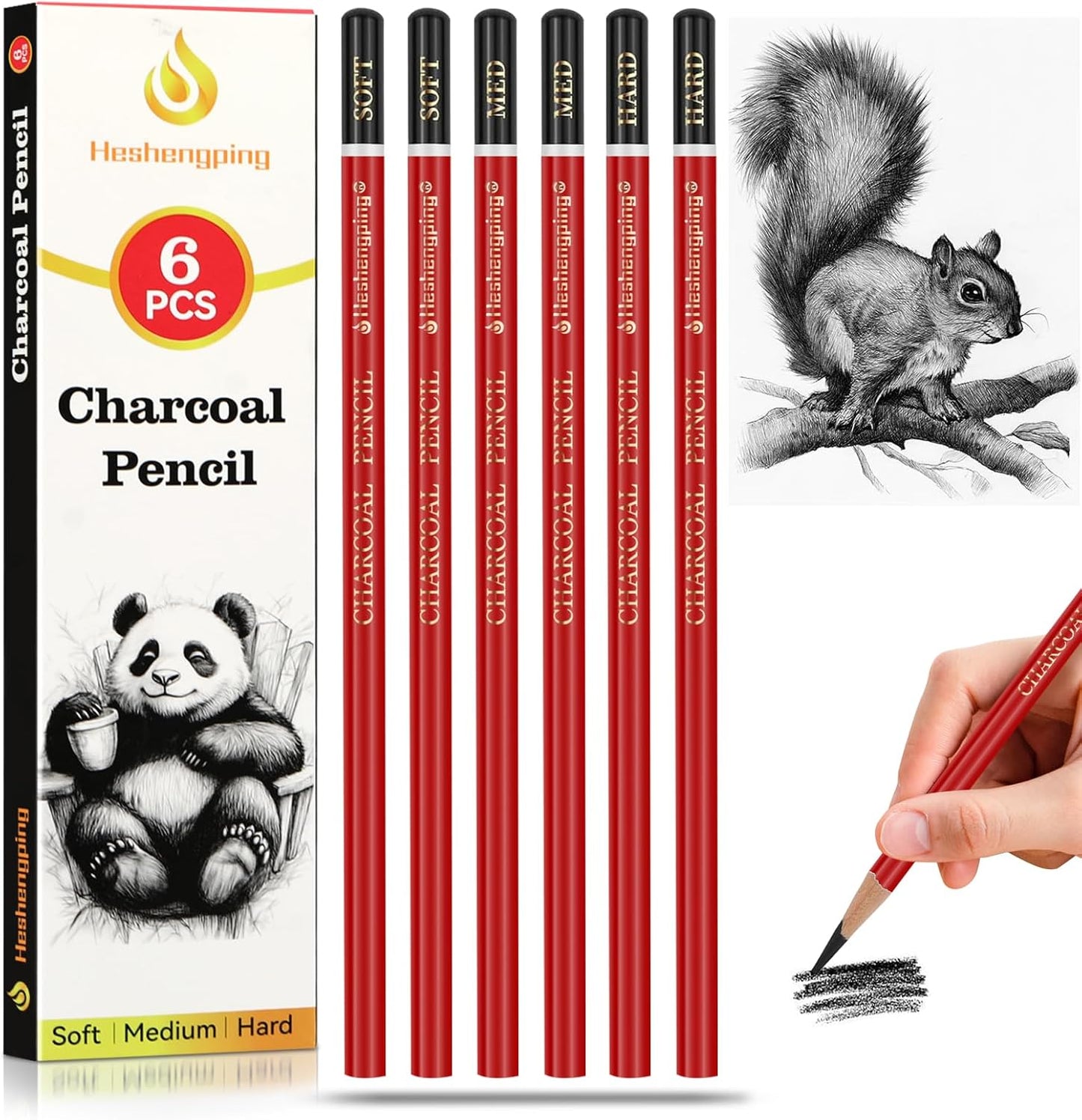 Heshengping Professional Charcoal Pencils Drawing Set Sketching Kit -6 Pieces Soft, Medium Hard Charcoal Pencils for Drawing Sketching Shading Artist Pencils for Beginners Artists