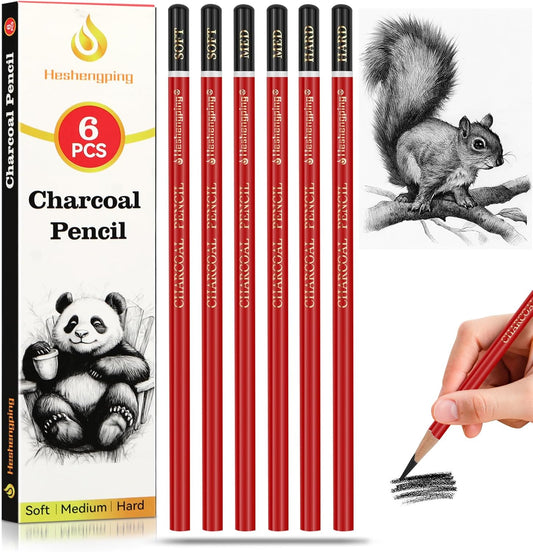 Heshengping Professional Charcoal Pencils Drawing Set Sketching Kit -6 Pieces Soft, Medium Hard Charcoal Pencils for Drawing Sketching Shading Artist Pencils for Beginners Artists