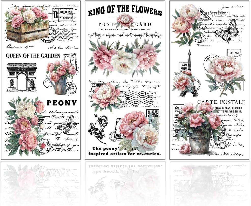 GLOBLELAND 3 Sheets Vintage Pink Peony Background Furniture Transfer 6x12inch Retro Romance Text Rub on Transfer Self-Adhesive Wall Art Decals for Bedroom Living Room Desk Table Decoration