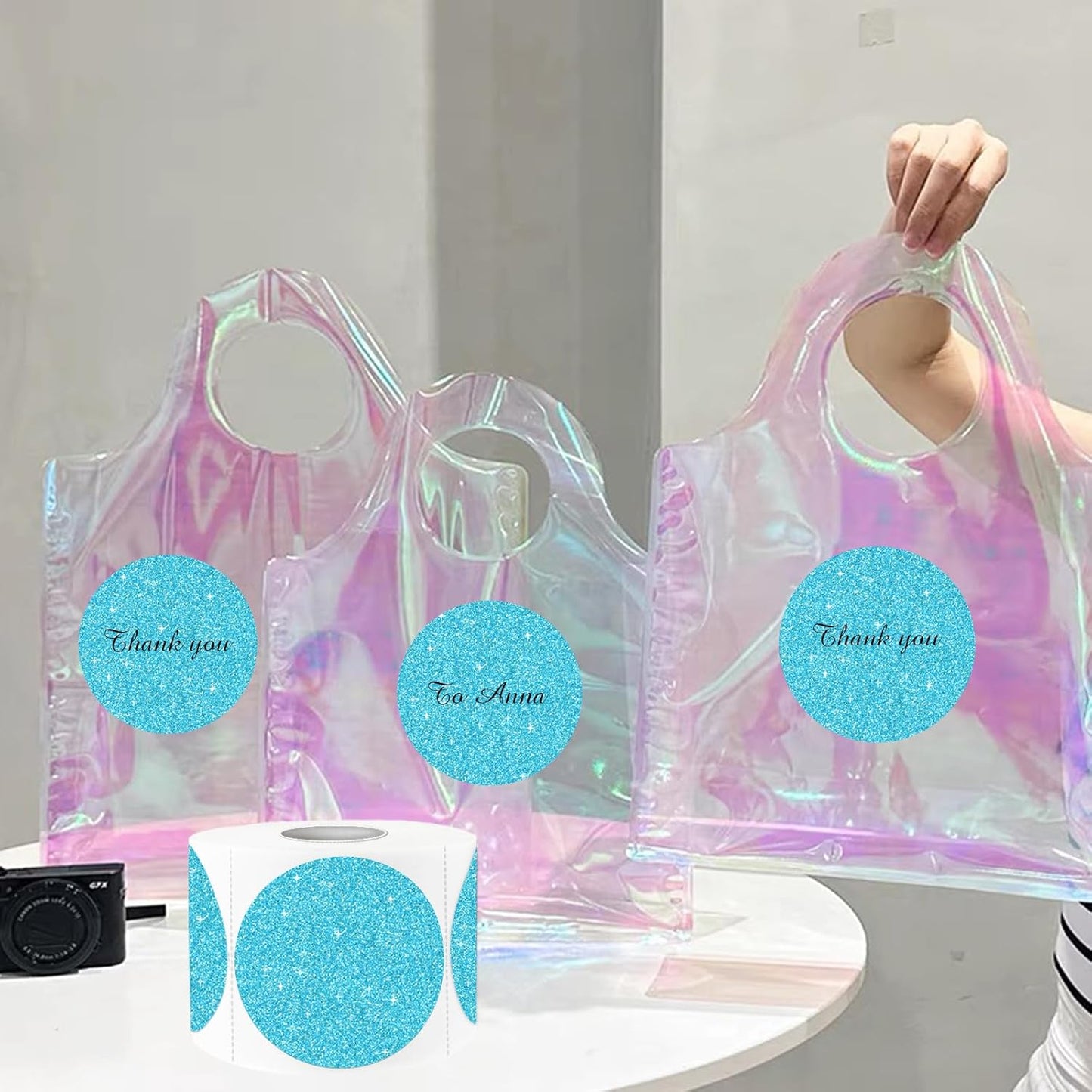 3" Holographic Thermal Label Stickers, Round Direct Thermal Label Stickers, Glitter Thermal Printer Sticker Labels for Gift Wrapping, Self-Adhesive Custom Logo Design- Glitter Blue