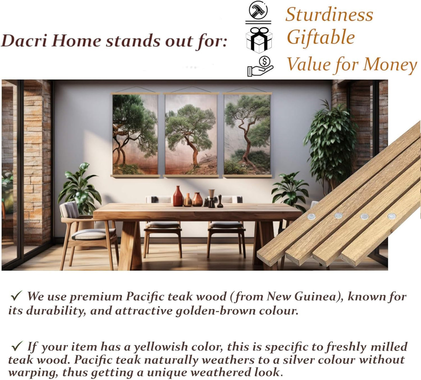 DACRI HOME 32" Wide Magnetic Poster Hanger Frame - 32x24 32x40 32x48 Magnetic Frame - Premium Teak Wood, Strong Magnets for Hanging Posters Maps Pictures Scroll Wall Art (32 Inch, Natural Wood)