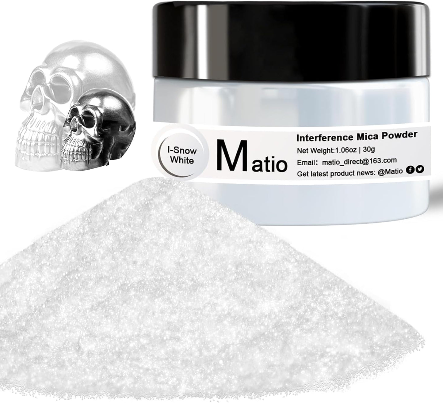 Matio Interference Mica Powder, 1.06oz/ 30g Snow White Chrome Powder, Pearlescent Effect Color Shift Pigment for Epoxy Resin, Makeup Shimmer,Nail Polish,Soap Dye,Candle Making,Paint,Slime Pigment