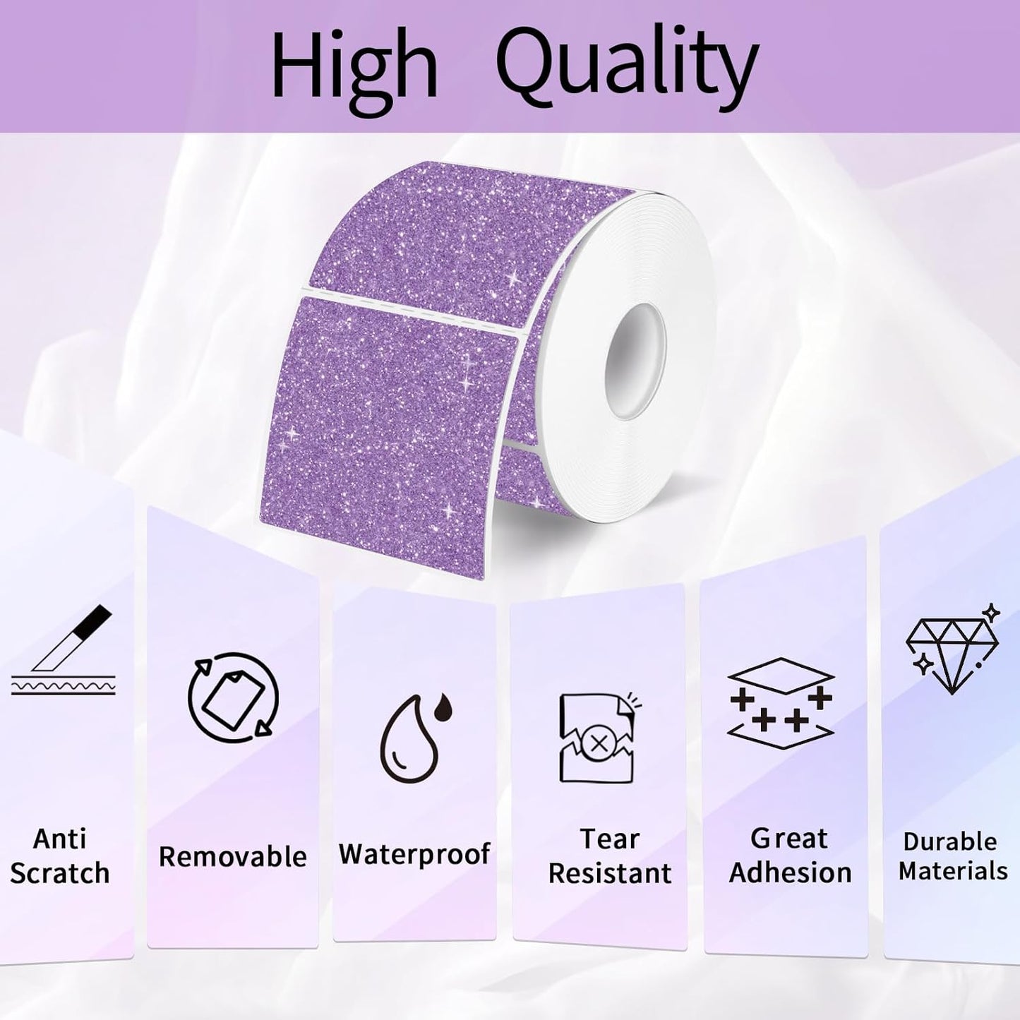 Square Thermal Labels Stickers 2" x 2", Holographic Purple Thermal Stickers Labels, Glitter Self-Adhesive Direct Thermal Label for Small Business- Perforation Line Design