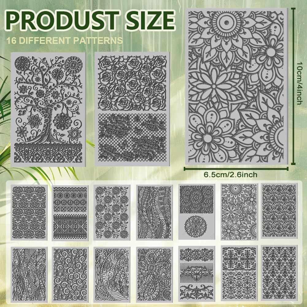 CHGCRAFT 16 Sheets 16 Styles Retro Lace Polymer Clay Texture Mat Mandala Tree Modeling Pattern Pad Bohemian Texture Sheets for Polymer Clay Making Earrings Jewerly Tools, 4×2.6 inch